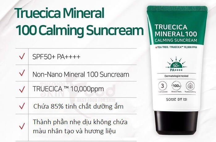 các thành phần của kem chống nắng TruecicaTM Mineral 100 Calming Suncream SPF50+